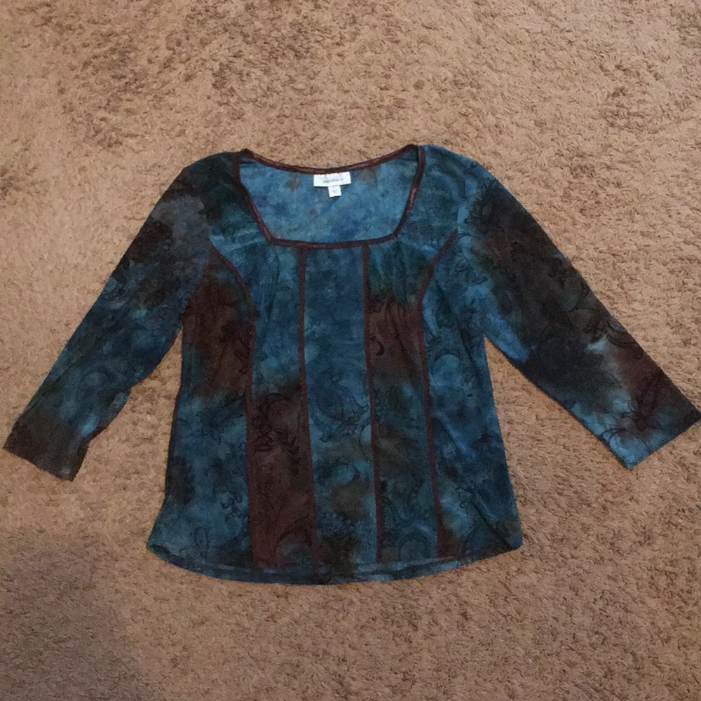 Dressbarn 3/4 Sleeve Top Blue Brown Pattern Shirt